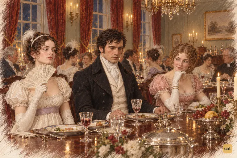 Caroline and Louisa trade mocking glances during Mary's performance, inviting Darcy in