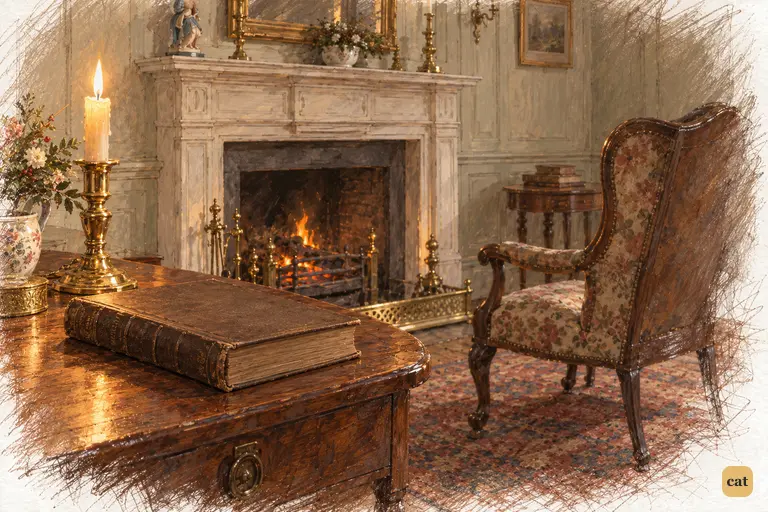 Fordyce's Sermons lie closed by a candle beside Mr. Collins's empty chair at the hearth