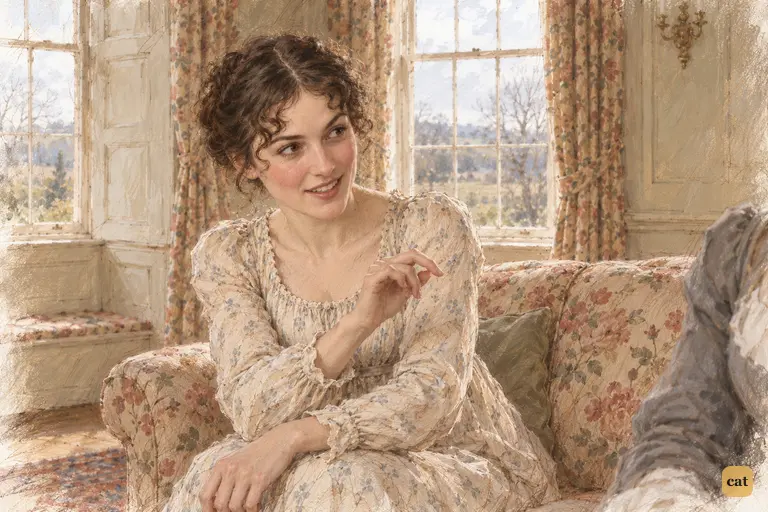 Elizabeth mocks Darcy’s fastidious pride with a dainty flick at her sleeve.