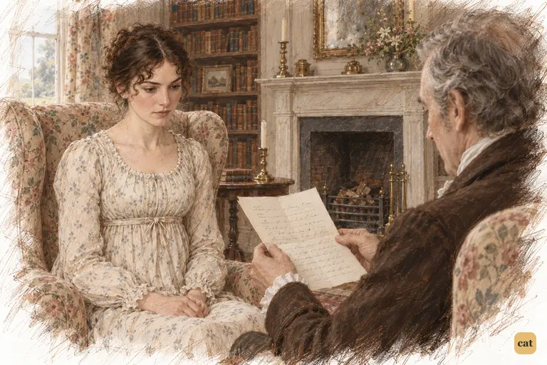 Mr. Bennet reads Mr. Collins’s warning about Lady Catherine’s opposition.