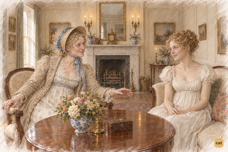 Mrs. Bennet celebrates her daughters’ marriages with an expansive gesture.