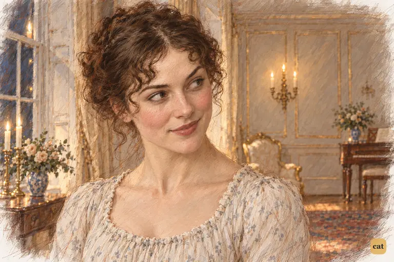 Elizabeth turns toward her walking companion with a lifted eyebrow and a sly, uneven smile.