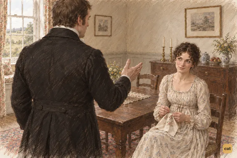 Mr. Collins raises his hand as he recites Lady Catherine's advice in his proposal