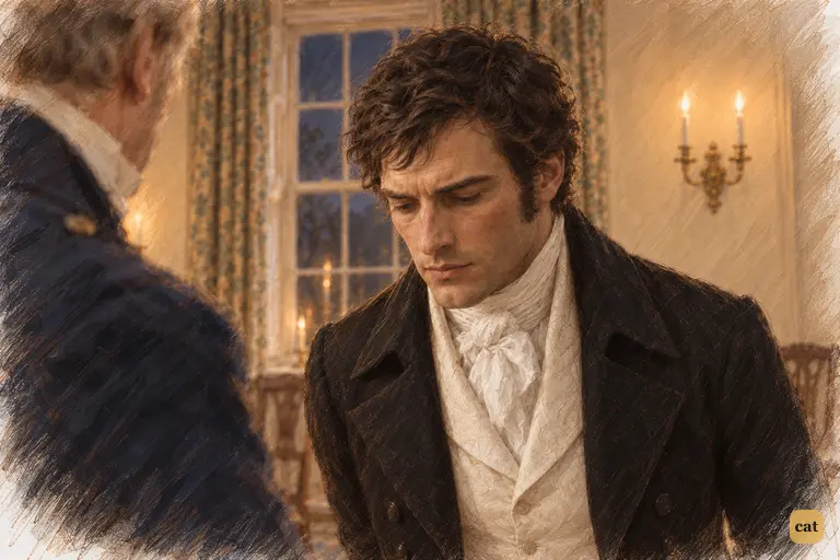 Darcy answers Sir William’s prying question with a short, stiff bow.