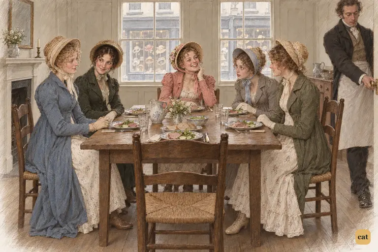 Jane and Elizabeth exchange a discreet glance as the waiter withdraws and draws the door closed.