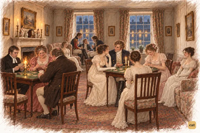 Wickham tells Elizabeth of his lost living as the card party continues around them