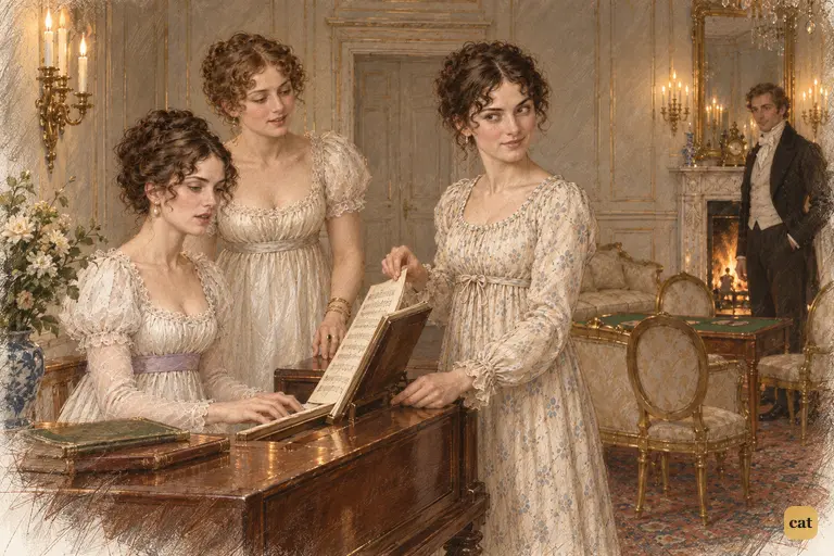 Caroline and Louisa sing a polished duet while Elizabeth pauses over a music book.