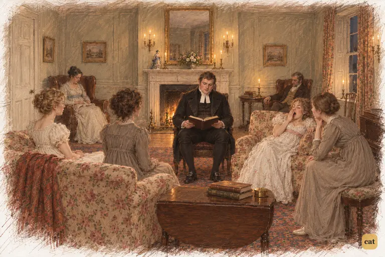 Mr. Collins reads with monotonous solemnity beside the warm hearth.