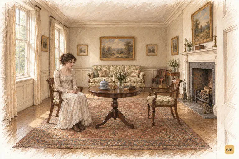 Elizabeth sits alone at Longbourn, her gaze fixed on the opposite chair.