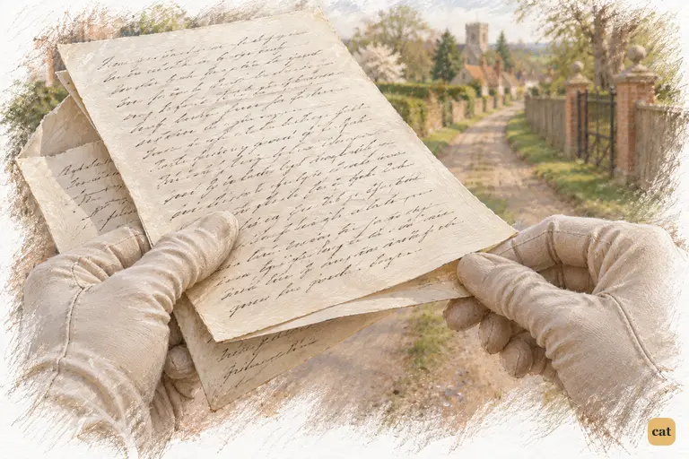 Elizabeth slips the first sheet under the second, pressing the letter in gloved hands