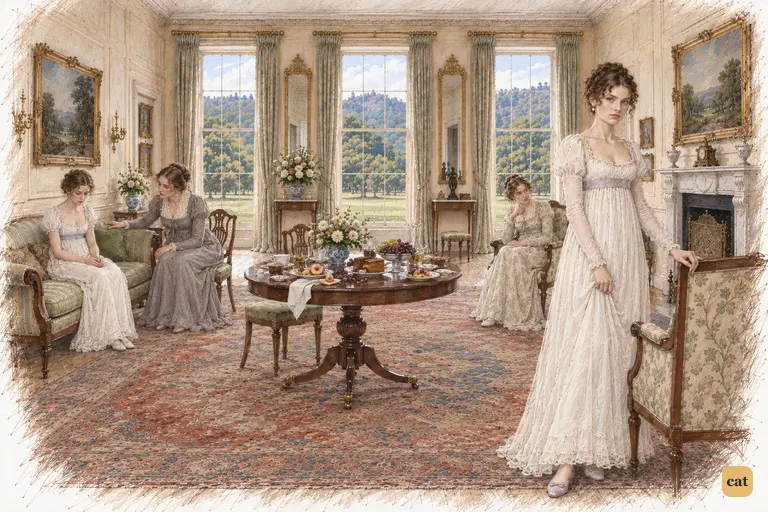 Darcy has gone, leaving Caroline Bingley rigid beside the hearth.