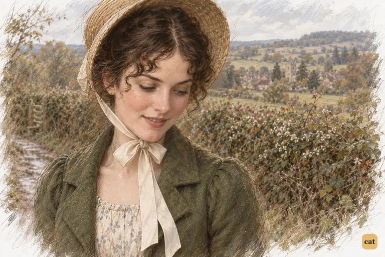 Elizabeth finishes her hesitant acceptance as she walks, smiling with eyes lowered
