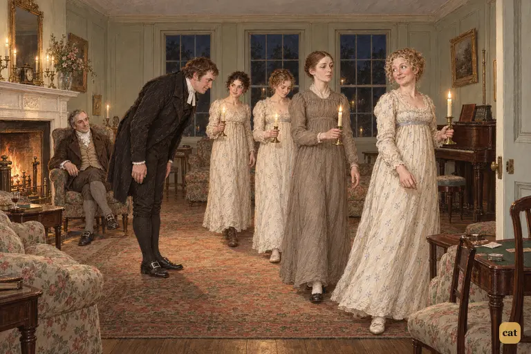 As the Bennet sisters withdraw for the night, Mr. Collins bows with ceremonious satisfaction.