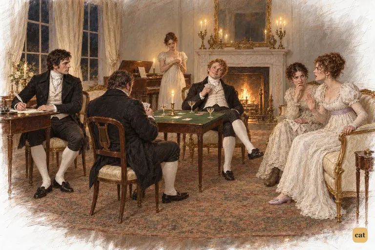 Elizabeth checks her laughter at Darcy's stiff smile as Caroline turns on her brother