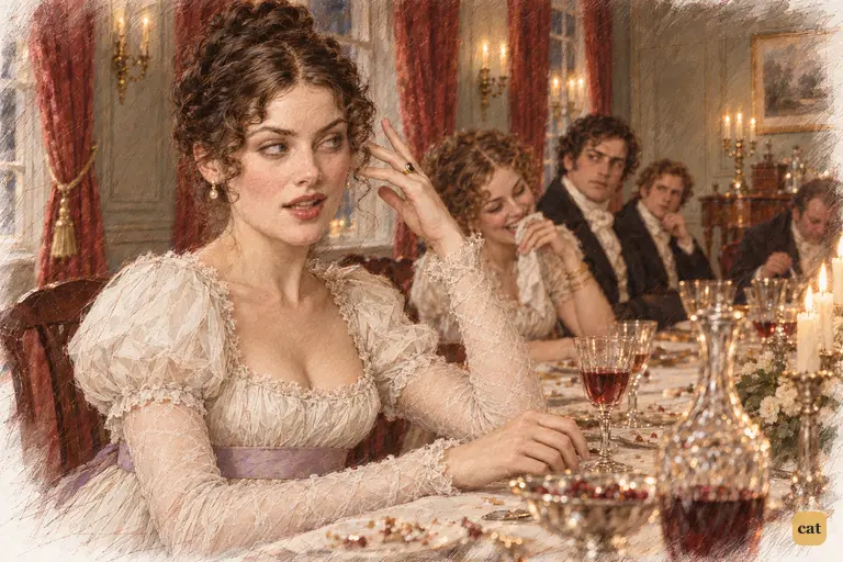 Caroline Bingley turns mockery into a theatrical flutter beside her immaculate curls.