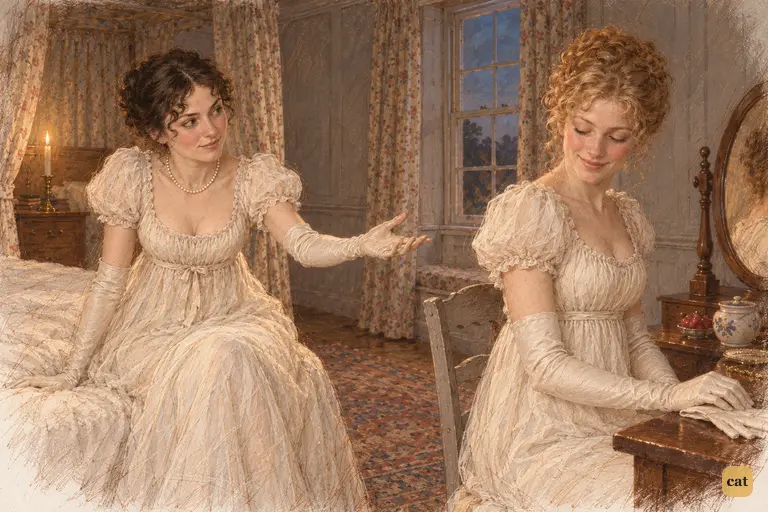 Elizabeth leans toward Jane with affectionate, teasing certainty.