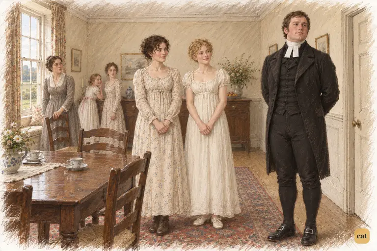 Mr. Collins enters the breakfast-room with wounded pride expressed as exaggerated dignity.