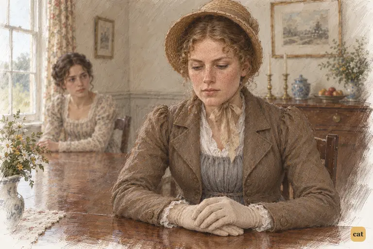 Charlotte briefly lowers her eyes under Elizabeth’s reproach.