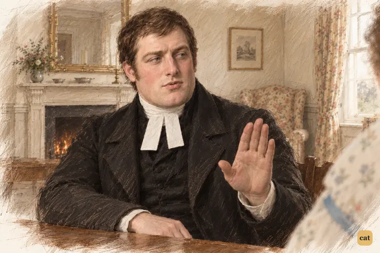 Mr. Collins raises a palm to interrupt Mrs. Bennet, suddenly reconsidering his proposal