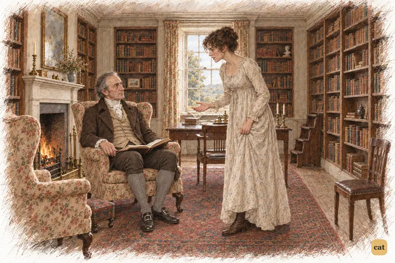 Elizabeth earnestly warns Mr. Bennet against allowing Lydia to go to Brighton.