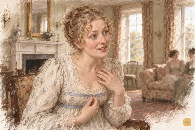 Mrs. Bennet affects indifference while coaxing Charlotte to repeat what she overheard.