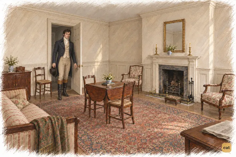 Darcy pauses just inside the Parsonage drawing-room, his hat held stiffly at his side.