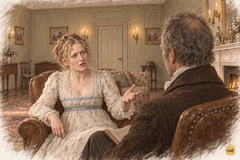 Mrs. Bennet gestures at Longbourn's comforts, claiming the home she fears losing