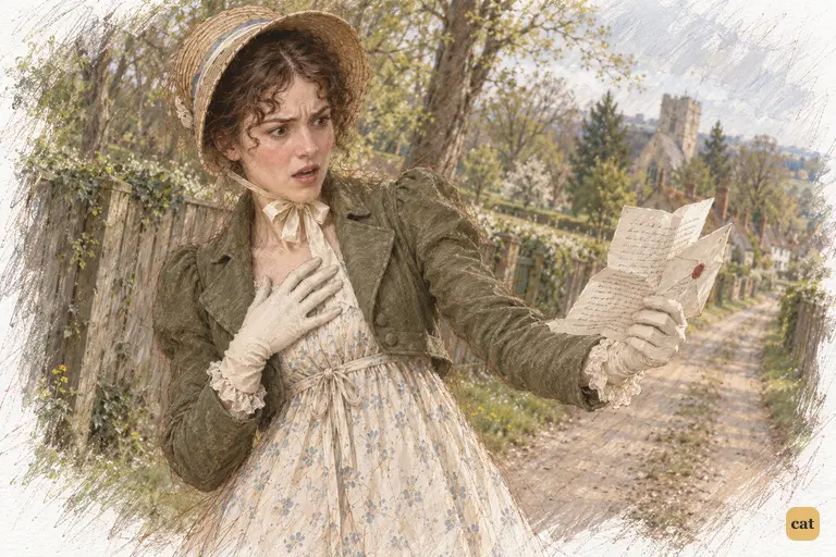 Elizabeth recoils from Darcy's account of Wickham, holding the letter away in disbelief