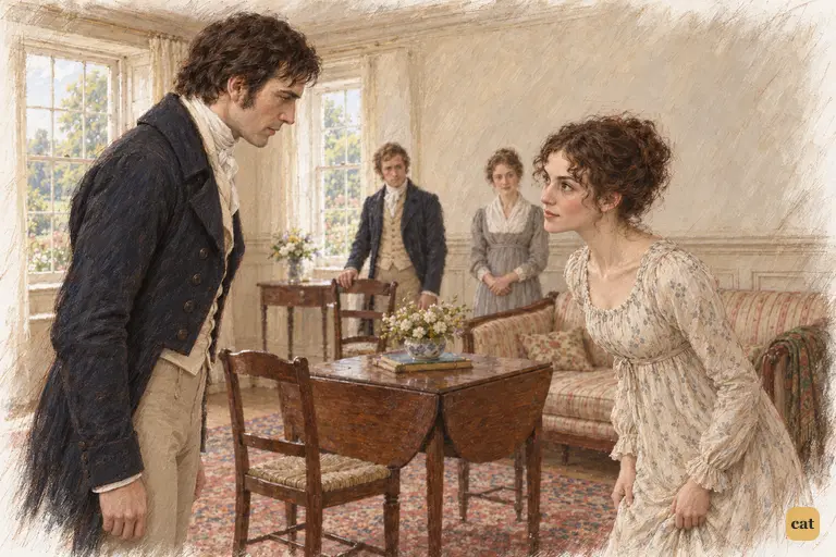 Elizabeth answers Darcy’s composed greeting with a brief, silent curtsey.