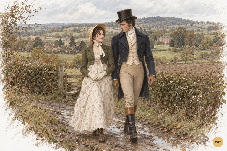 Elizabeth and Darcy walk through the open Hertfordshire countryside, absorbed in their conversation.