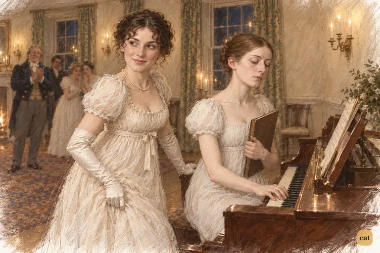 Elizabeth turns toward the applause while Mary eagerly crowds onto the stool.