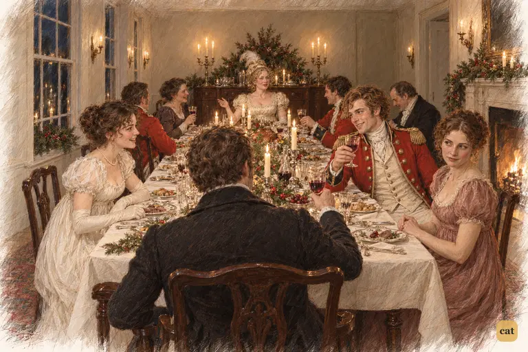 Elizabeth and Wickham exchange delighted looks across the Christmas dinner table at Longbourn.
