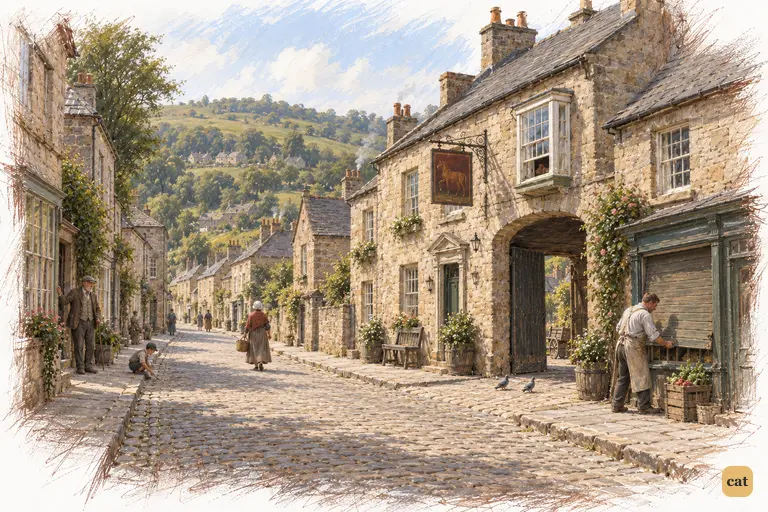 Golden summer light warms the quiet stone street at Lambton.