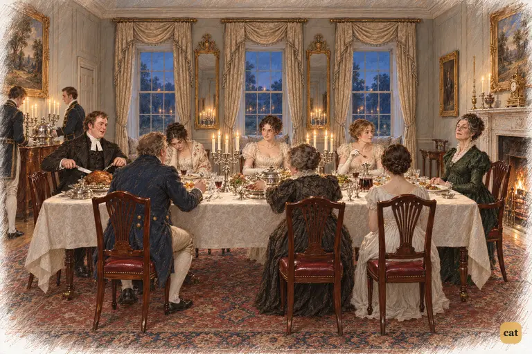 Mr. Collins carves and praises the dinner at Rosings as Lady Catherine graciously accepts