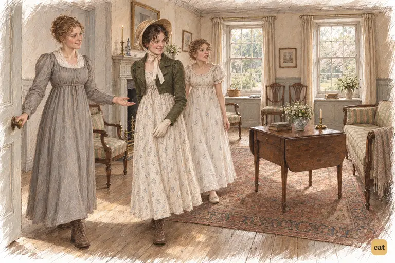 Charlotte quietly welcomes Elizabeth and Maria into her neatly arranged home.