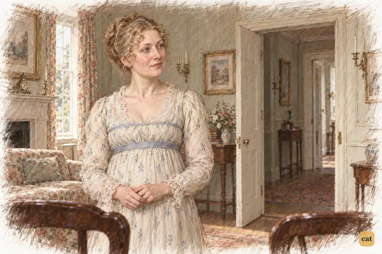 Mrs. Bennet lingers beside the vacant chairs after Bingley and Darcy depart.