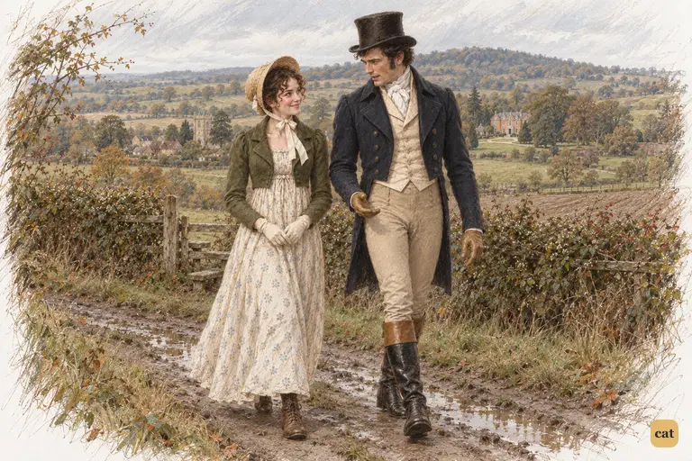 Darcy acknowledges the weight of his past as he walks beside Elizabeth.