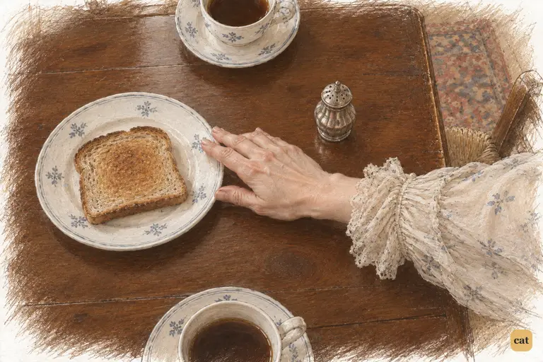 Mrs. Bennet curtly pushes away her untouched toast.