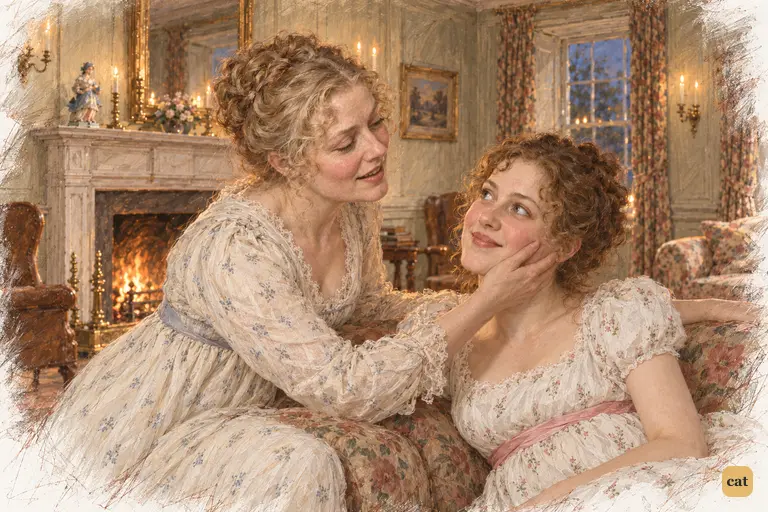 Mrs. Bennet bends over the sofa to pat Lydia's cheek, promising her a dance with Mr. Bingley.