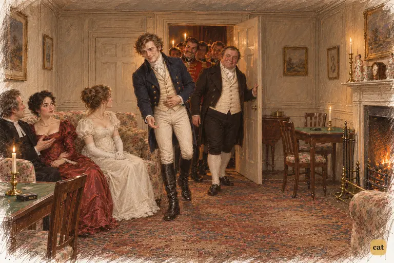 Wickham enters the Philipses' drawing-room smiling, lifting the company's spirits
