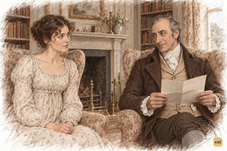 Mr. Bennet lowers his letter and teasingly congratulates Elizabeth on another impending marriage.