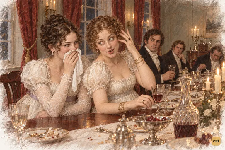 Louisa Hurst mimics Elizabeth's wind-blown look as Caroline stifles a laugh