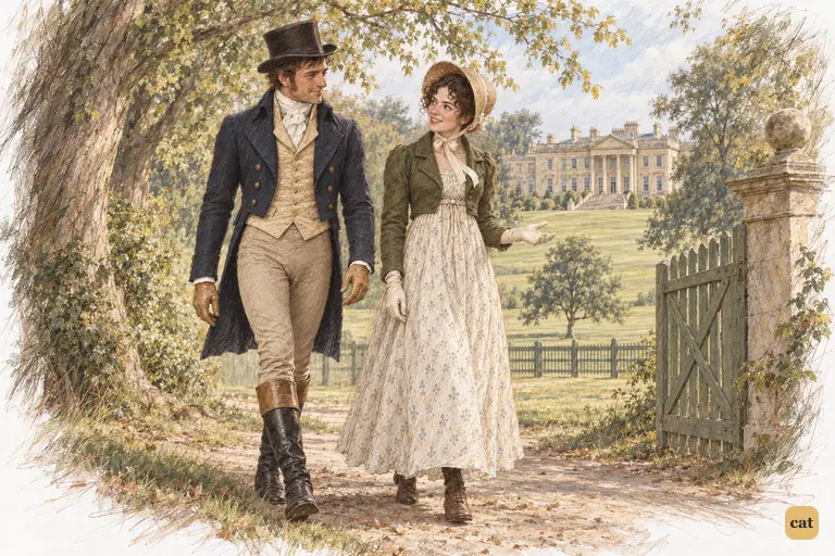 Elizabeth teases about Darcy as she and Colonel Fitzwilliam walk towards the park gate