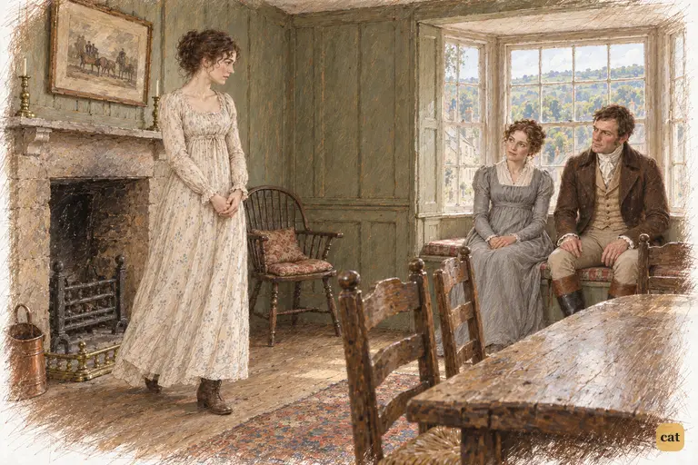Elizabeth paces beside the cold hearth, catching Mrs. Gardiner’s enquiring gaze.