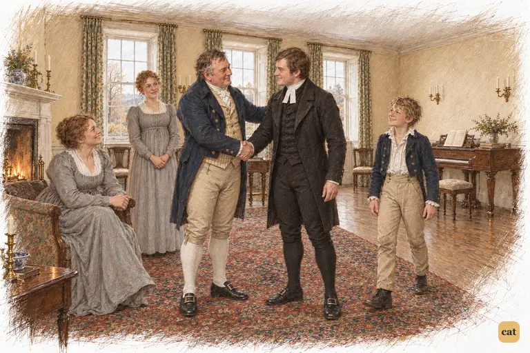 Sir William eagerly shakes Mr. Collins’s hand, making the Lucases’ consent unmistakable.