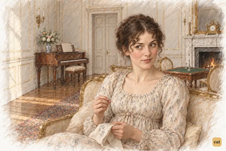 Elizabeth pauses her needlework and casts a brief, wry glance across the silent drawing-room.