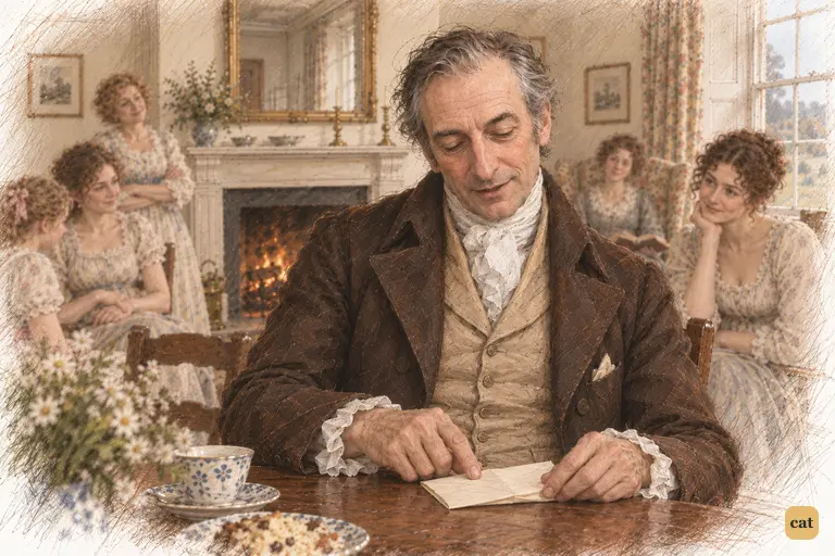 Mr. Bennet presses the letter’s final crease beside his breakfast plate.
