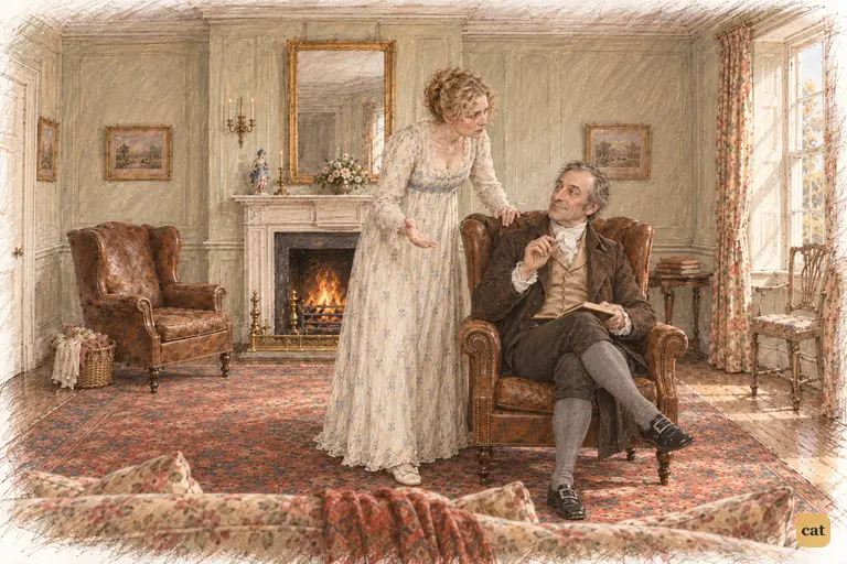 Mr. Bennet lazily writes an imaginary note in the air as Mrs. Bennet leans over his chair