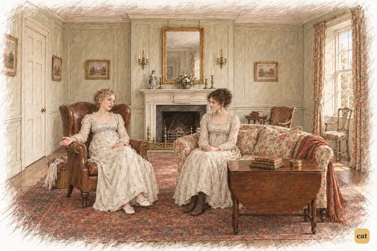Mrs. Bennet laments Lydia's departure as Elizabeth listens with restrained amusement