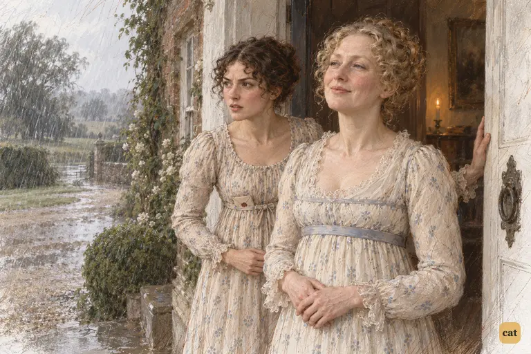 Mrs. Bennet admires the rain as Elizabeth peers anxiously toward the lane Jane took